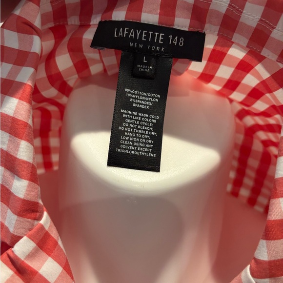 Lafayette 148 New York Coral and White Gingham 3/4 Sleeve Blouse - Picture 3 of 6